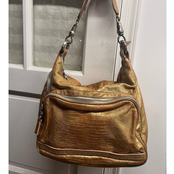 Pollini Gold Snakeskin Pattern Leather Bag - Shoulder Bag, Silver Hardwear - Picture 1 of 16